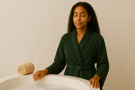 Kvinna i mörkgrön morgonrock står lugnt vid ett badkar i en ljus badrumsmiljö, med slutna ögon och avslappnad hållning.