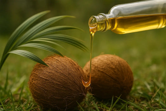 Oljeliknande vätska som droppar över kokosnötter i en grön, naturlig miljö.