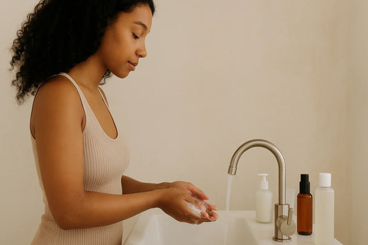Kvinna tvättar händerna vid handfat i en lugn och ljus badrumsmiljö med hudvårdsprodukter bredvid.