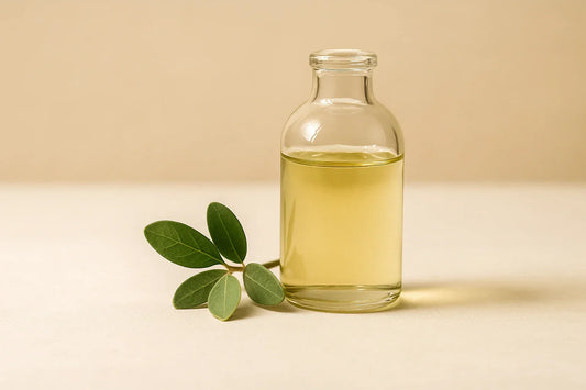 Glasflaska med ljus olja placerad på en neutral yta med gröna blad bredvid.