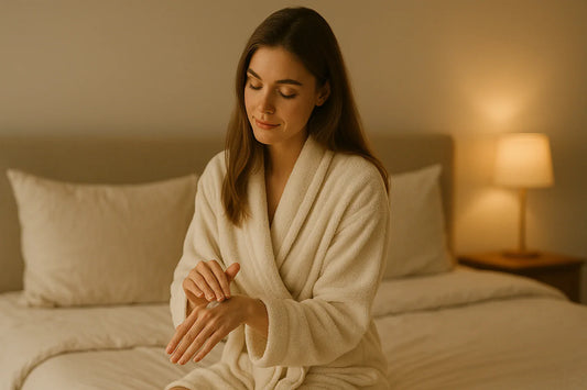 Kvinna i morgonrock sitter i sängen och applicerar hudvård på handen i en varm och lugn hemmiljö.