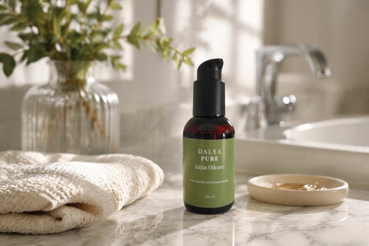 Dalya Pure intimolja 100 ml på marmorbänk – mjukgörande intimolja som alternativ till glidmedel för känslig hud