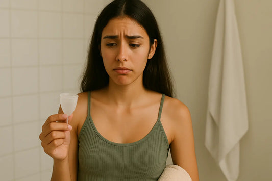 Ung kvinna i badrum håller en menskopp i handen efter mens.