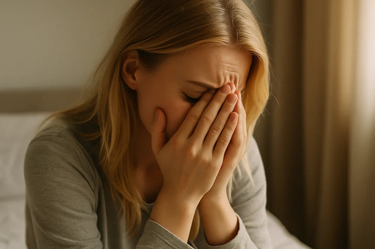Kvinna sitter på sängen med händerna för ansiktet i en lugn hemmiljö med mjukt ljus.