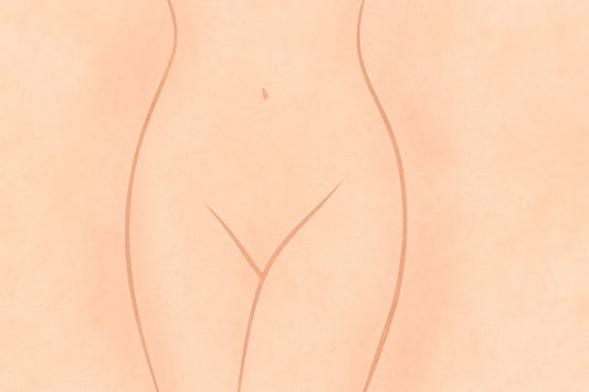 Stiliserad illustration av en kvinnokropps nedre del i mjuka linjer och neutrala färger.