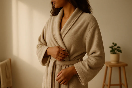 Kvinna i ljus morgonrock står i en lugn hemmiljö med mjukt ljus och avslappnad hållning.