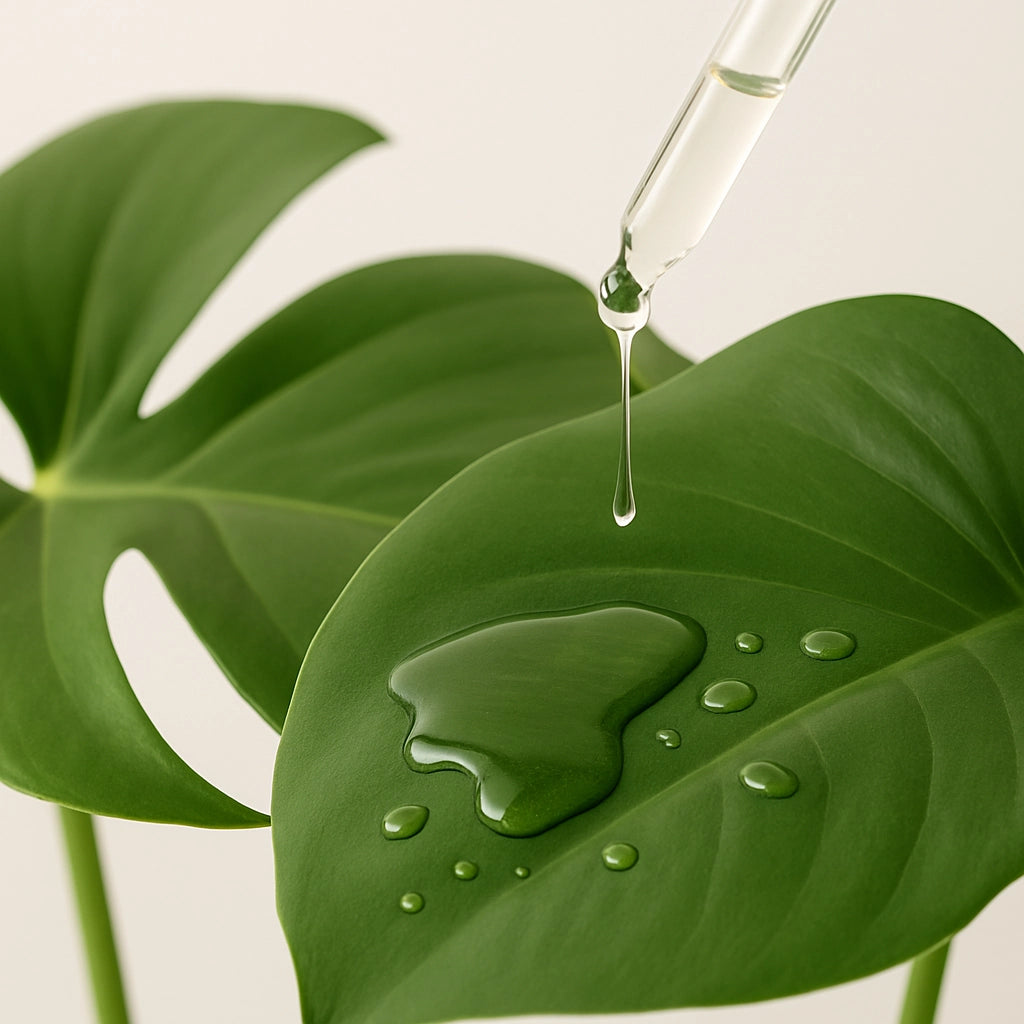 Droppande olja på gröna blad i en lugn, naturlig miljö.